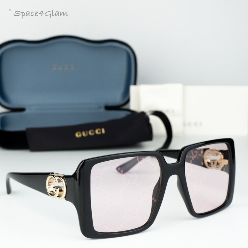 Gucci Women Sunglasses Black Pink Mirror Logo Square GG1692S 006 BRAND NEW